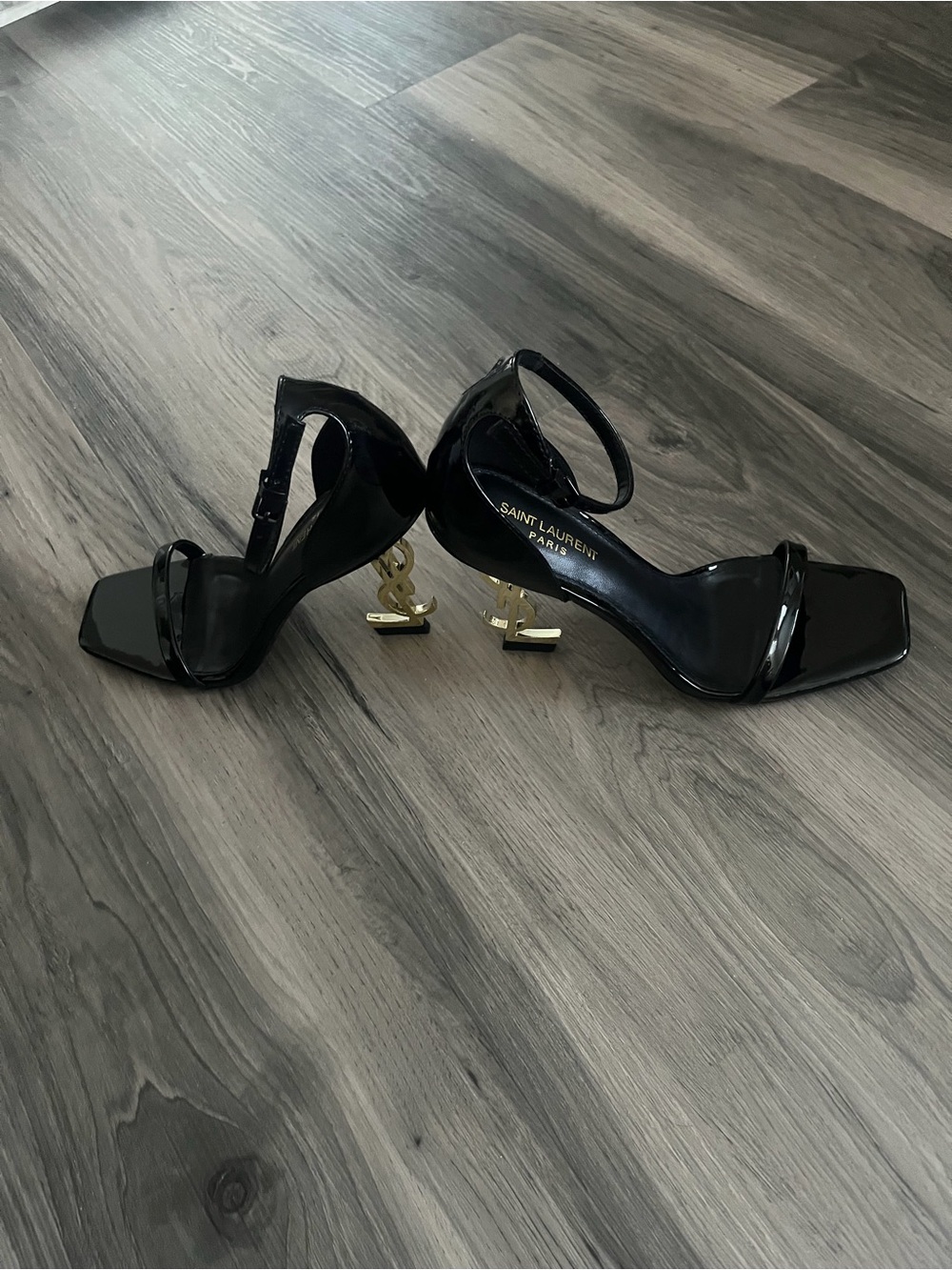 Saint Laurent Black Patent Sandals with Gold YSL Sculpted Heel - Picture 2 of 7